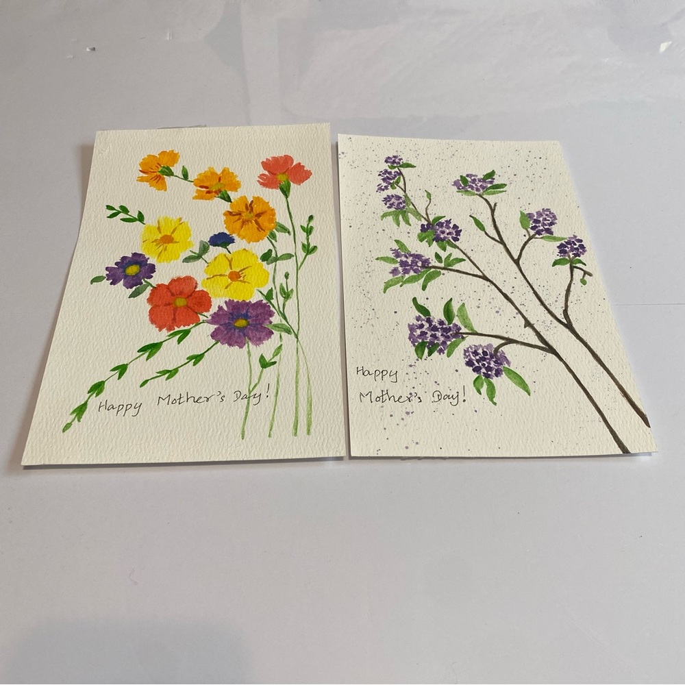Hand-Painted Floral Greeting Card Duo — Purple, Yellow, Orange